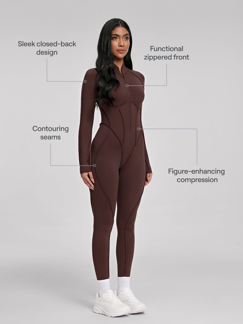 BetterMe closed back catsuit zip front contouring seams cyber athleisure